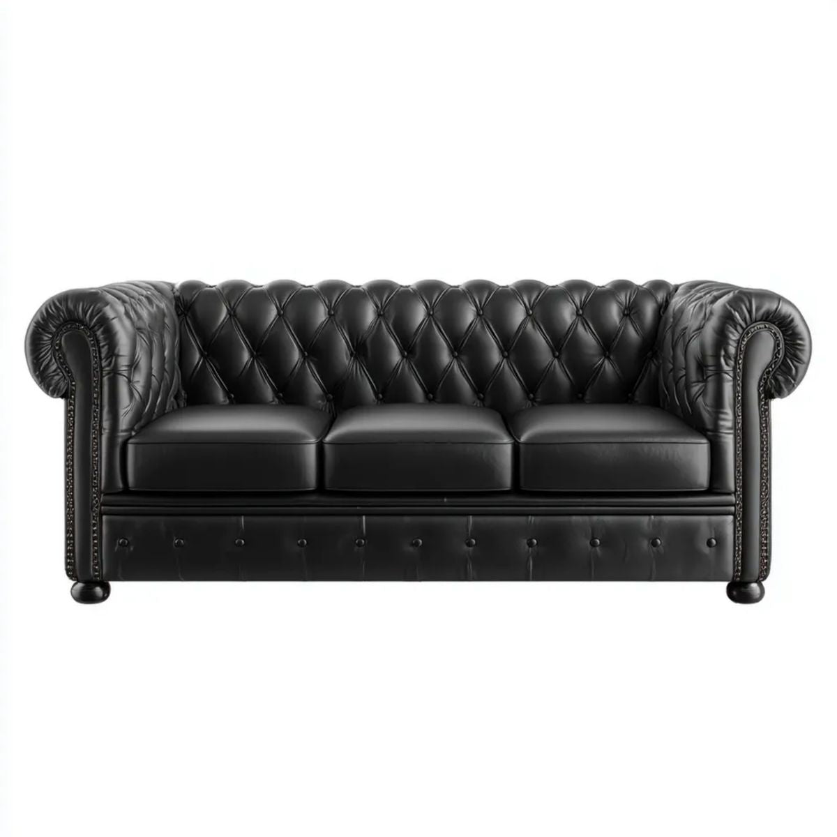 Sofa, Chesterfield sofa 3-osobowa czarny ze skóry syntetycznej surówki, 220 x 90 x 75 cm
