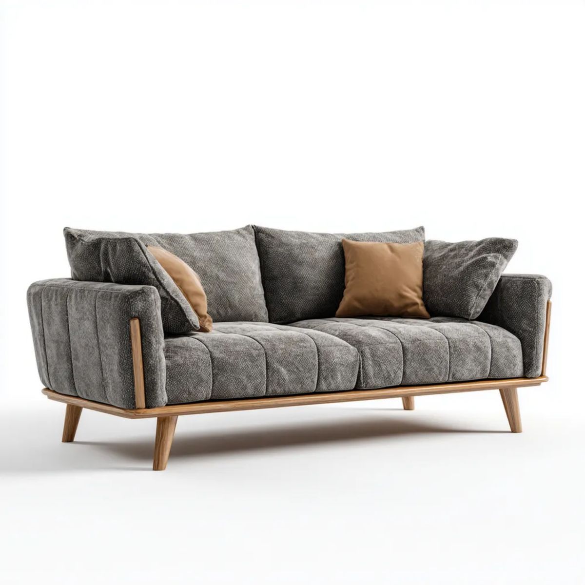 Sofa, 3-osobowa w sofie w kolorze ciemnoszarym poliester z drewnianymi nóżkami, 220 x 90 x 85 cm