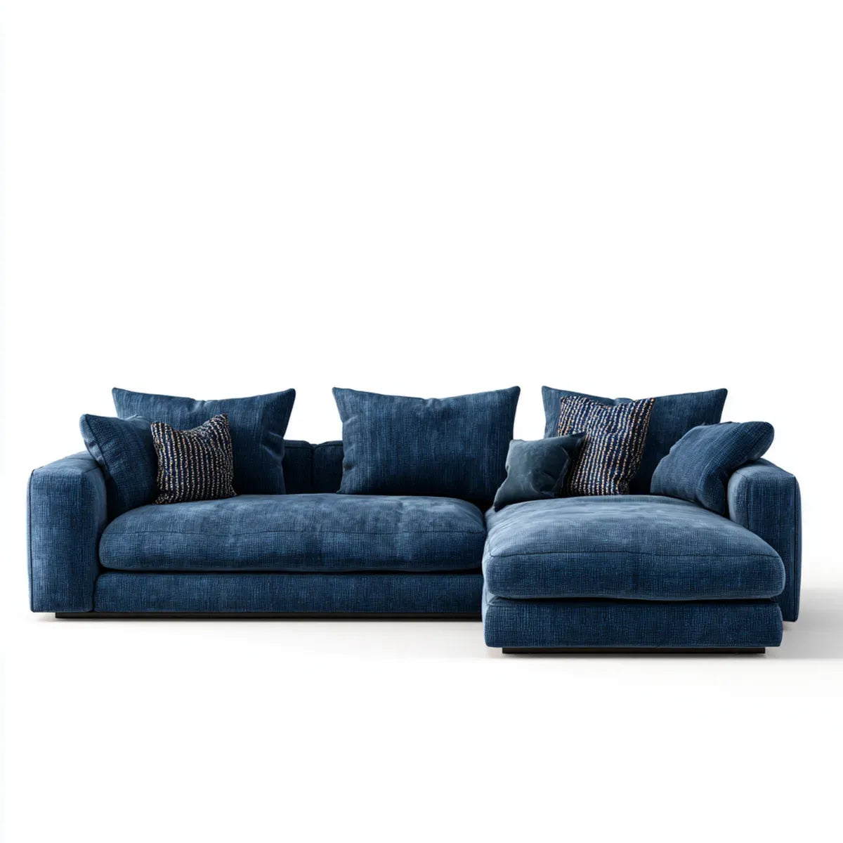 Sofa, Kanapa narożna z recyrem po prawej ciemnoniebieskiej z poliestru w kształcie litery 285 x 170 x 85 cm