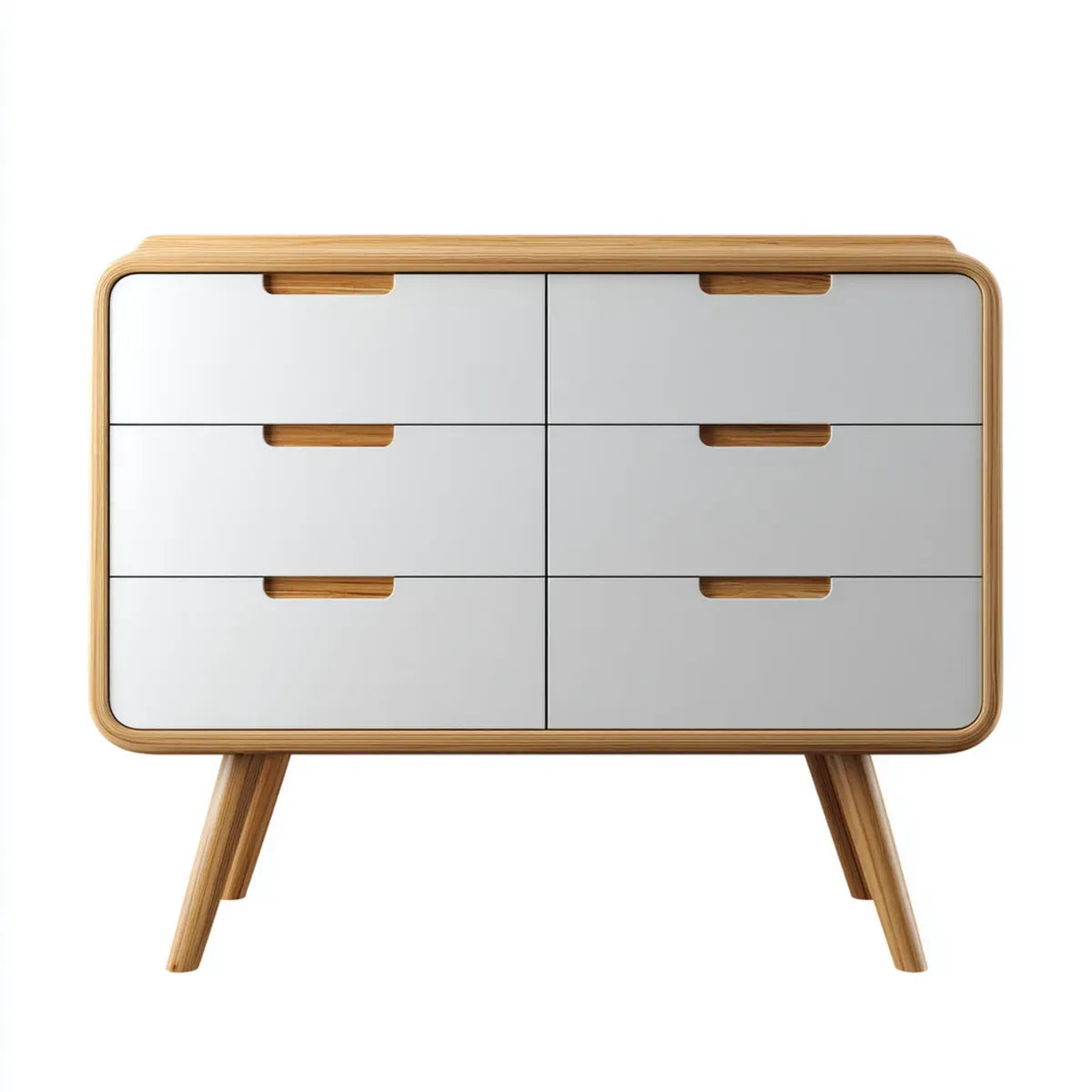 Komoda, Cassettiera 6 Cassettiera Bianca e Naturale 120 x 40 x 90 cm w MDF i prostokątnym bambusie
