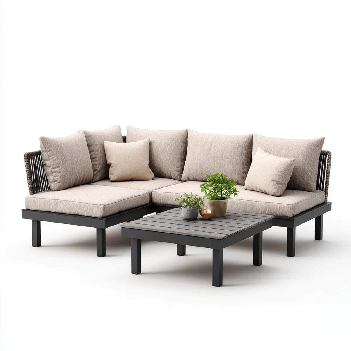 Sofa ogrodowa, Taras Lounge zestaw beżowy z aluminium i poliestru w kształcie litery 220 x 220 cm ze stołem kawowym