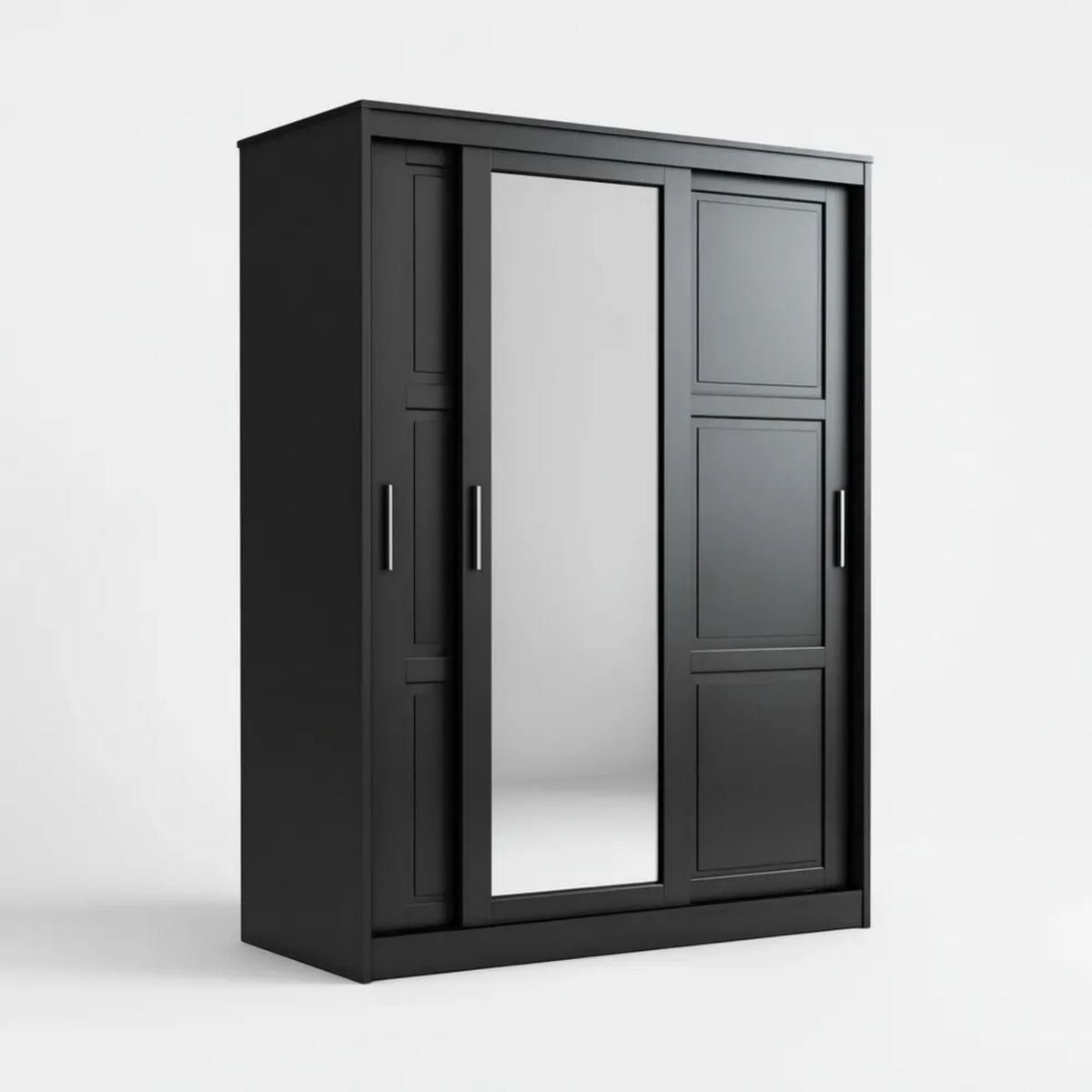 Szafa, Czarna szafka z 3 przesuwanymi drzwiami w panelach MDF z centralnym lusterkiem, 150 x 60 x 200 cm