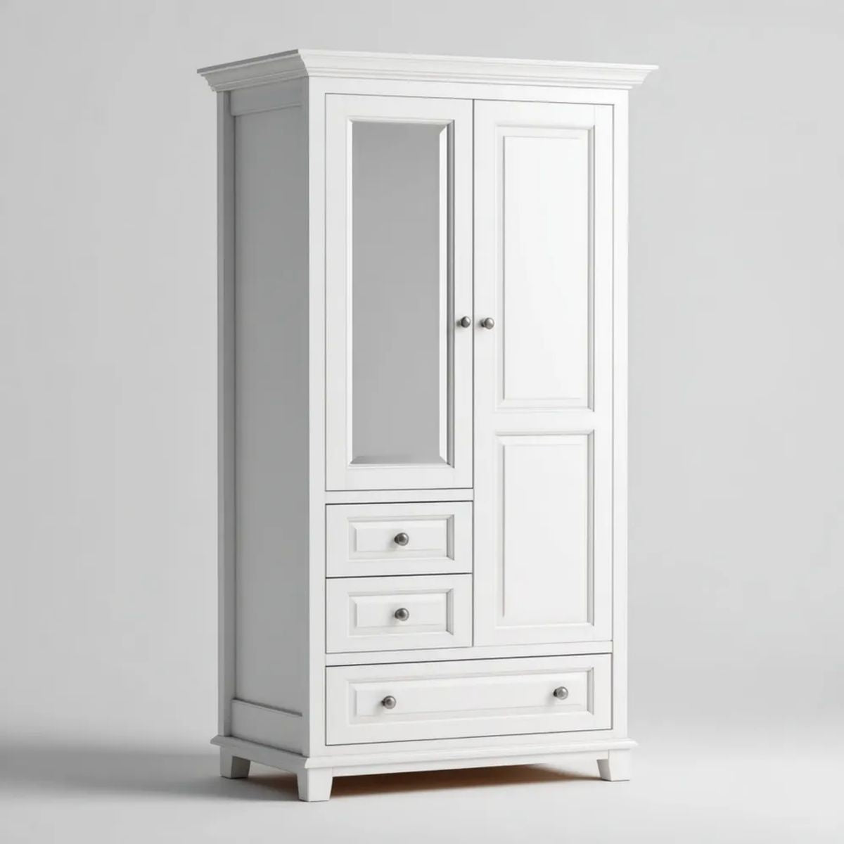 Szafa, Biała szafa w panelach MDF i panelach montowanych cząstek stałych, 100 x 55 x 200 cm, 2 drzwi, lustro i 3 szuflady