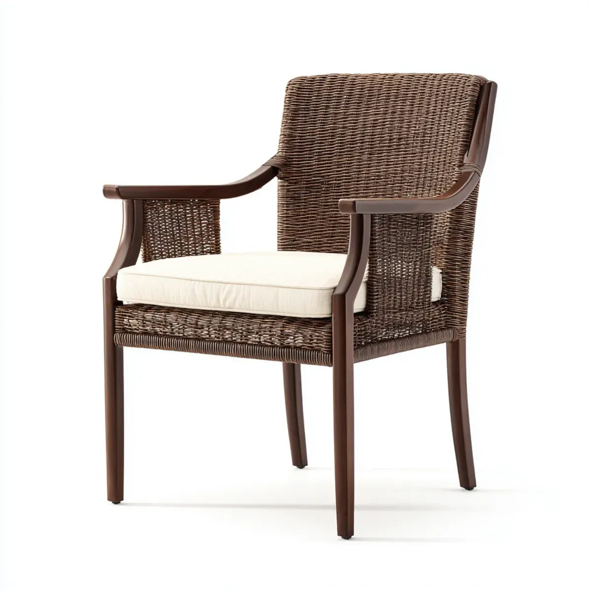 Fotel, Brązowe fotele na podłokietniku w litym drewnie i plecione rattan z prostokątną poduszką ecru 60 x 65 x 98 cm